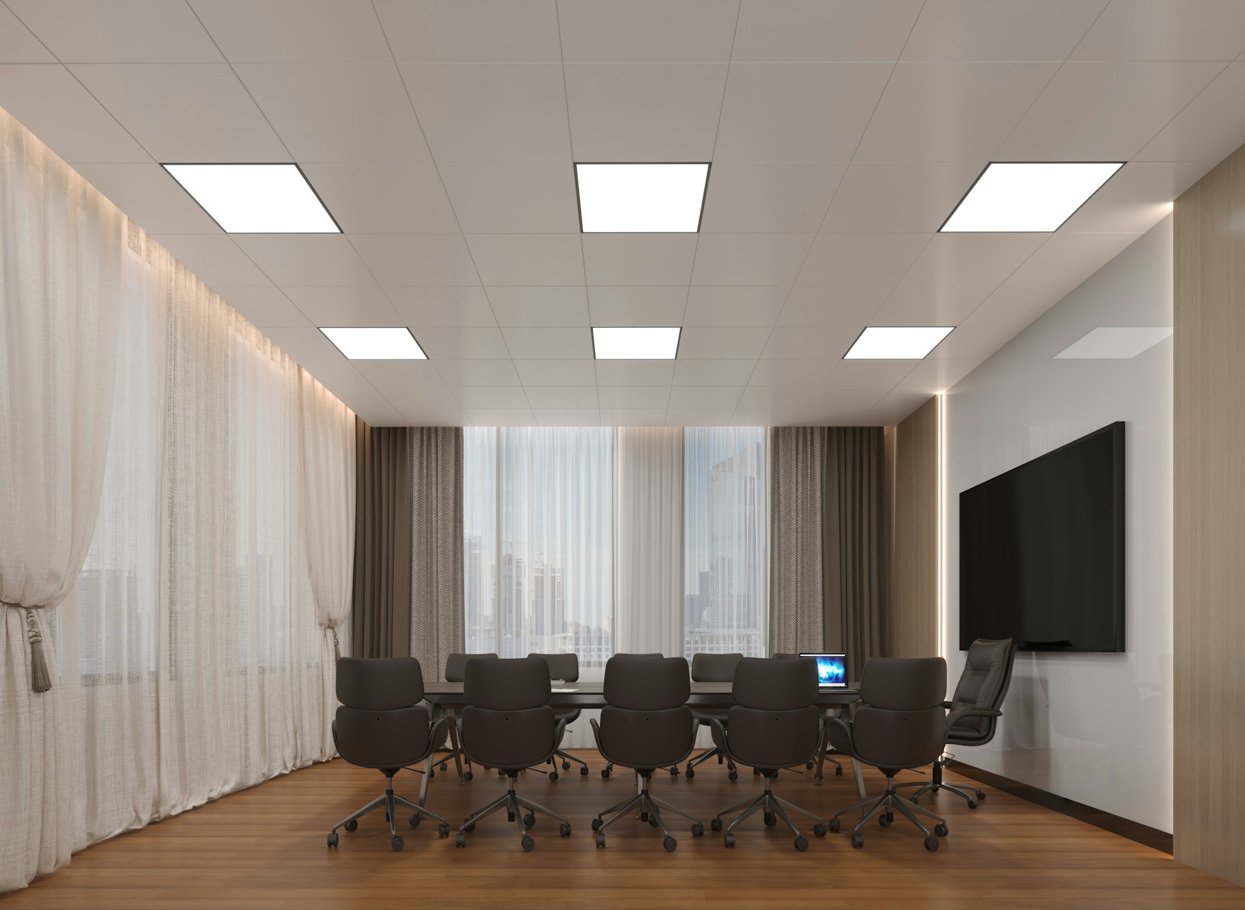 Sala de conferencias contemporánea con mesa amplia, sillones ejecutivos y vistas a la ciudad