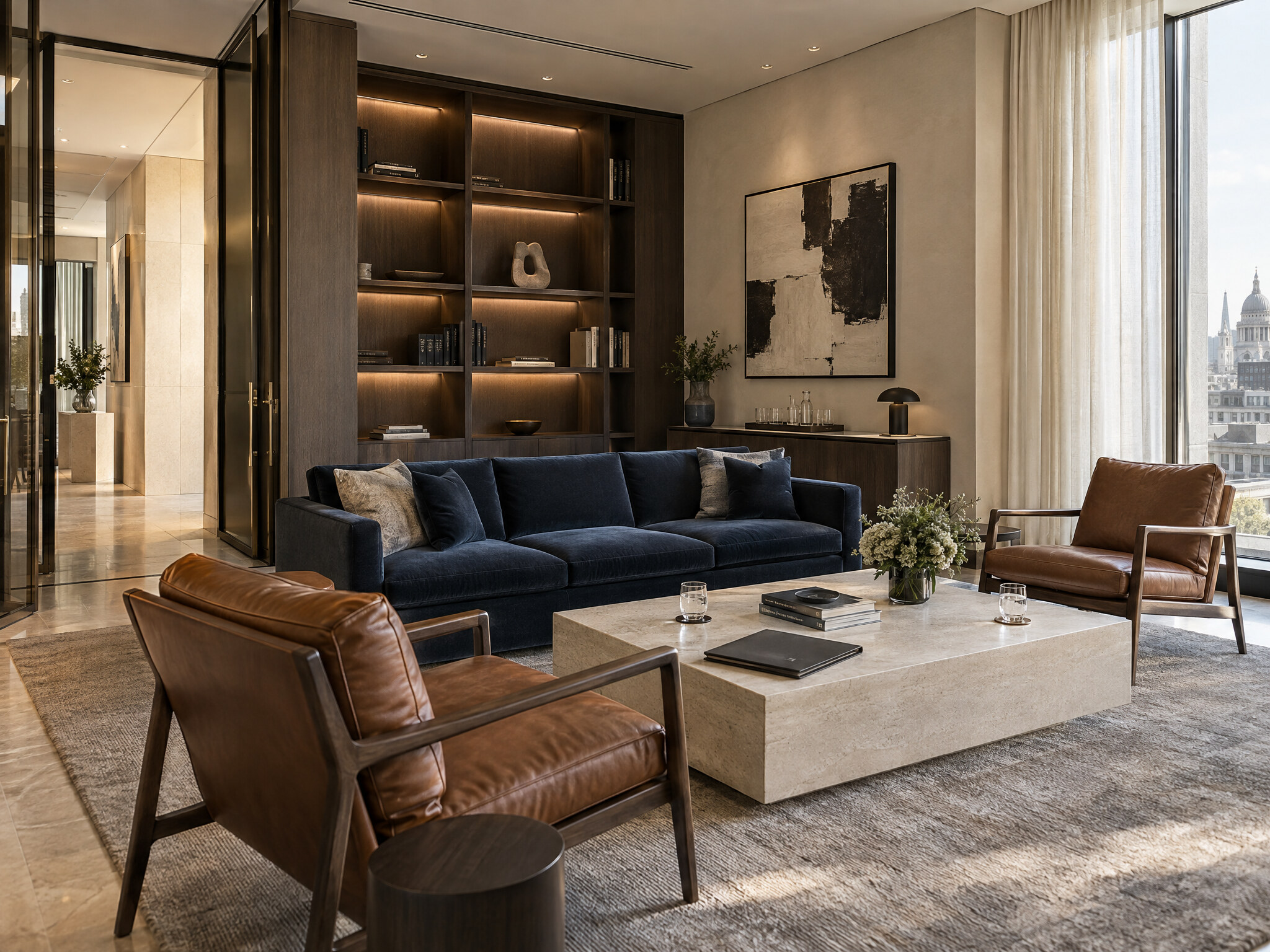 Premium client meeting room with navy sofa, leather chairs, stone table and city view